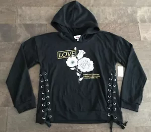 Bongo Black Sweatshirt Flower/Rose/Love Hoodie Pullover Medium Side Lace Up NEW - Picture 1 of 5