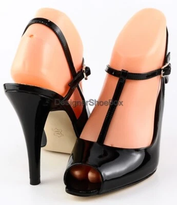 $225 VIA SPIGA DALTON Salto Designer Couro Patente Preto Tira T Slingbacks 7 - Imagem 1 de 4