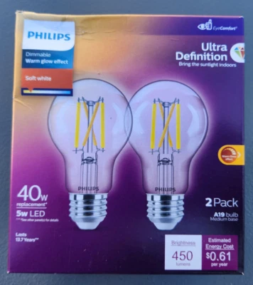 (8 Bulbs) Philips UltraDef LED 40W Clear Soft White A19 2P: Dimmable, - Image 1 of 3