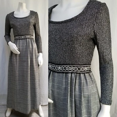 Maxi Vestido Vintage Negro con Lúrex Plateado Tejido A Cuadros Glen - Talla S/M - Usado en Excelente Condición Foto 1 de 4