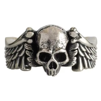 Retro Flying Skull Ring Silver Resizeable Biker Death's Head Jewelry - Image 1 of 4