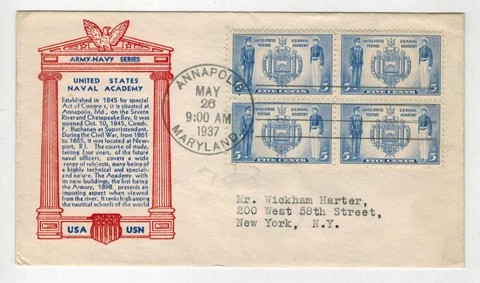 1937 NAVY HEROES TOP NOTCH FDC 794-54 ANNAPOLIS NAVAL ACADEMY BLOCK OF 4 Cover