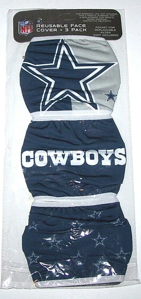 Маска для лица с логотипом Dallas Cowboys 2 слоя NFL футбол новая унисекс для взрослых мужчин упаковка 3 шт. - Изображение 1 из 4