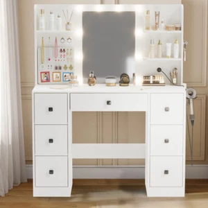 Large Makeup Vanity Table Vanity Desk with Lighted Mirror 7 Drawers Power Outlet - Picture 1 of 55