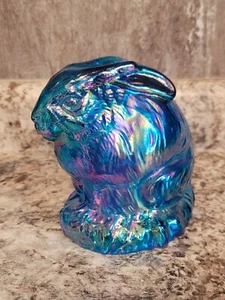 Fenton for Levay 1980 Electric Blue Iridized Carnival Glass Bunny Rabbit RARE  - Picture 1 of 9