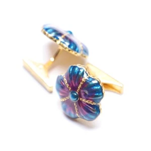 92.5 Sterling Silver Blue & Purple Enamel Flower Gold Wedding Gift Cufflink - Picture 1 of 5