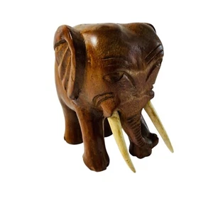 Vintage Carved Wood Elephant Figurine Statue Sculpture Brown Solid 6X5 Inch - Picture 1 of 8