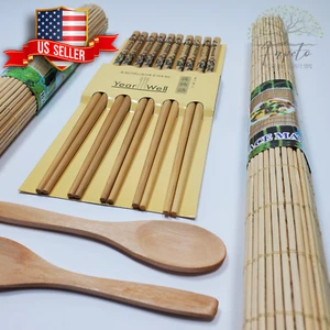 🆕DIY Real Bamboo Sushi Making Kit 2Rolling Mats 5Pairs Chopsticks Set + 2Spoons - Picture 1 of 25