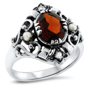 ANILLO PLATA ESTERLINA 925 ESTILO VINTAGE PERLA GRANATE GENUINO Y TOPACIO 1019z - Imagen 1 de 3