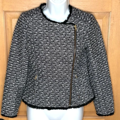 J Crew Tweedy Fringe Jacket Size 0 Black Full Zipper Asymmetrical Moto Zip - Image 1 of 4
