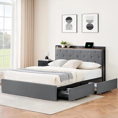 Bed Frame Platform Full Queen Size with 4 Drawers and Charging Station - Image 1 of 4
