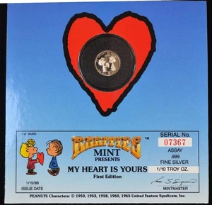 Peanuts 1988, My Heart is Yours, Rarities Mint, 1/10 onza, embalaje original - Imagen 1 de 9