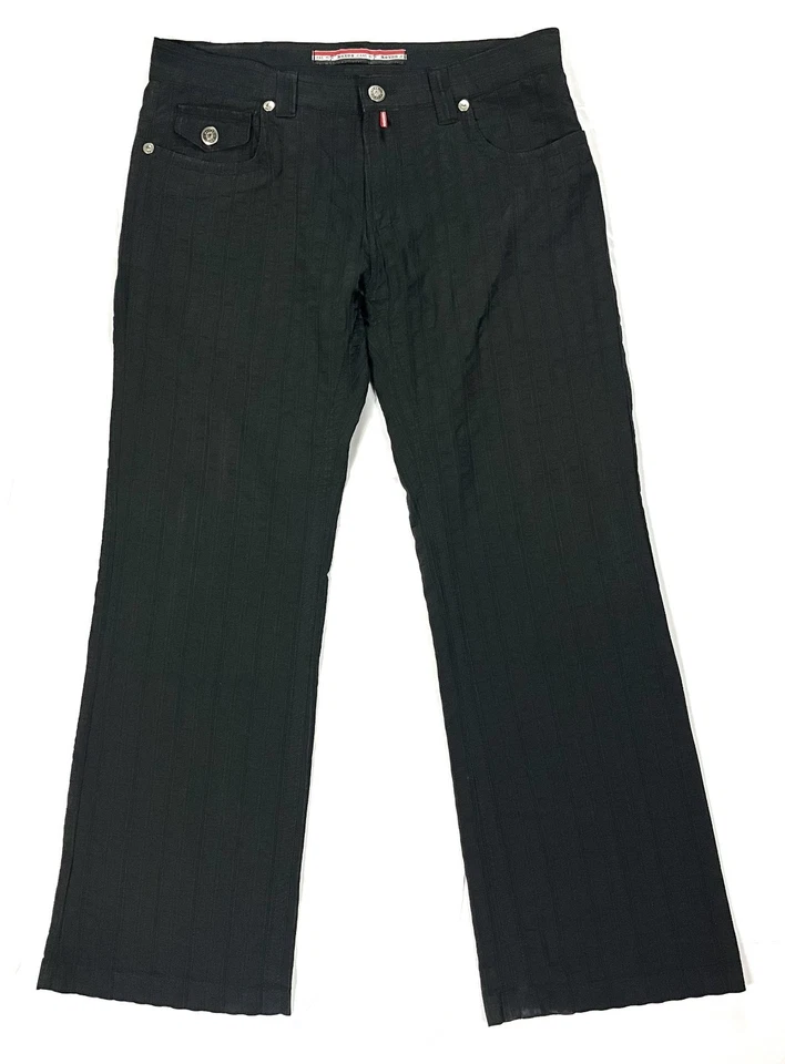 MONDO JEANS Mens 36x34 Black Textured Ribbed Straight Leg Stretch Designer Pants - Image 1 of 4