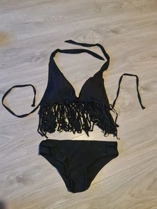 Black Tassle Trim ladies Missguided bikini Set Size 10 swimwear Halterneck New - Picture 1 of 11
