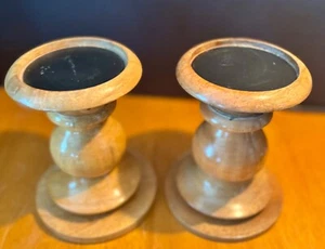 2 Pottery Barn Fruit Wood Turned Pillar Candlestick Holders 6” - Picture 1 of 6