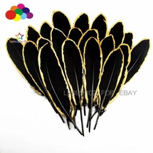 NEW 10-100pcs Gold Dipped Black goose feather 15-20CM DIY Crafts Cap Headdress - Picture 1 of 8
