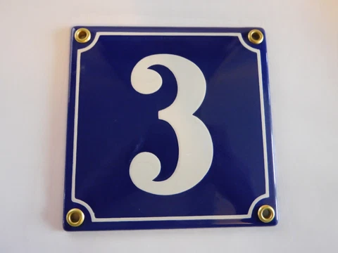 Old French Blue Enamel Porcelain Metal House Door Number Street Sign / Plate # 3 Cover