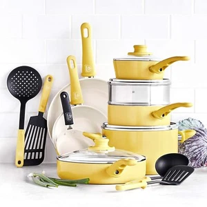 GreenLife 16 Pc Ceramic Cookware Set Healthy Toxin Free Lemon Butter Yellow - Picture 1 of 7