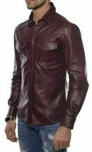 Men's Leather Shirt - Real Lambskin Genuine Leather Slim Fit Burgundy Shirt-38 - Picture 1 of 11