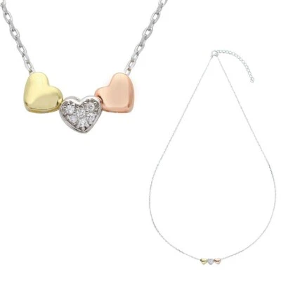Argento Sterling Collana W/ Oro Rosa, Oro & Cz Placcato Rodio 3 Cuori Ciondolo - Immagine 1 di 4