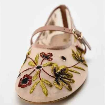 New Mesh Breathable Ballet Flats Embroidered Flower Shoes Light Comfort Low Heel - Image 1 of 4
