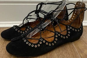 ISABEL MARANT Sandalias Planas de Gamuza Negras Detalle Metálico con Cordones Zapatos UK7 - Imagen 1 de 9