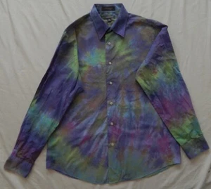 Tie Dye Purple Green Long Sleeve Button Down Shirt - Medium Mens Hand Made - Picture 1 of 7