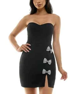 City Studios Juniors' Rhinestone-Bow Sweetheart Mini Dress, Black, size-1/2 - Picture 1 of 3