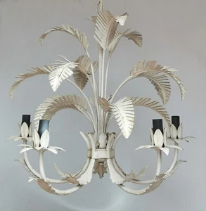 VINTAGE ITALIAN PALM LEAVES CHANDELIER TOLE CEILING LIGHT FIXTURE 5 ARMS ITALY - Picture 1 of 9