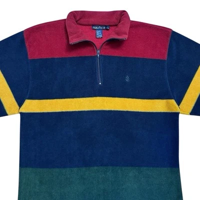 De Colección Años 90 Náutica Rayas Vellón Cuarto Cremallera Talla XL Lil Yachty Hecho en EE. UU. Patrón Foto 1 de 4