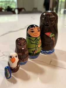 "Juego de 5 muñecas de anidación de peces oso pardo con vida silvestre águilas castor 4""" - Imagen 1 de 11