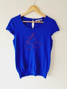 REVIEW Blue 'Mon Cheri' Cherry Embroidered Short Sleeve Knit Top SIZE 12 - Picture 1 of 5