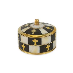 Round Brass Decorative Box with Lid Mother of Pearl and Cross Detailing - Picture 1 of 6