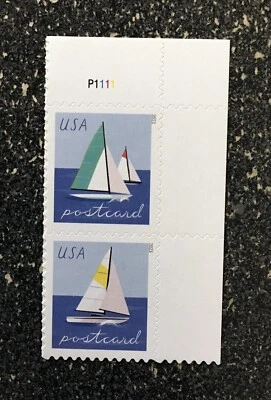 2023USA #5747-5748 Postcard Forever Rate Sailboats - Plate Block of 2 From Sheet - Image 1 of 2