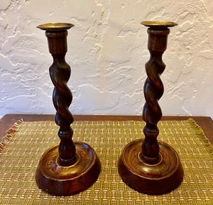 Antique English Oak Barley Twist Pair Candlesticks Candle Holders 10 1/2" Tall - Picture 1 of 13