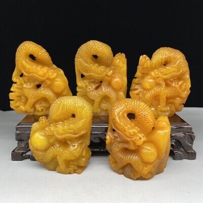 5P China Old Hand Carved Natural Shoushan Stone Mythical Dragon Statue Seals • 28.60$