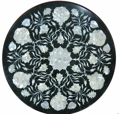 Tampo de mesa de mármore preto 18" café incrustado artesanato pietradura esfregão decoração floral - Imagem 1 de 4