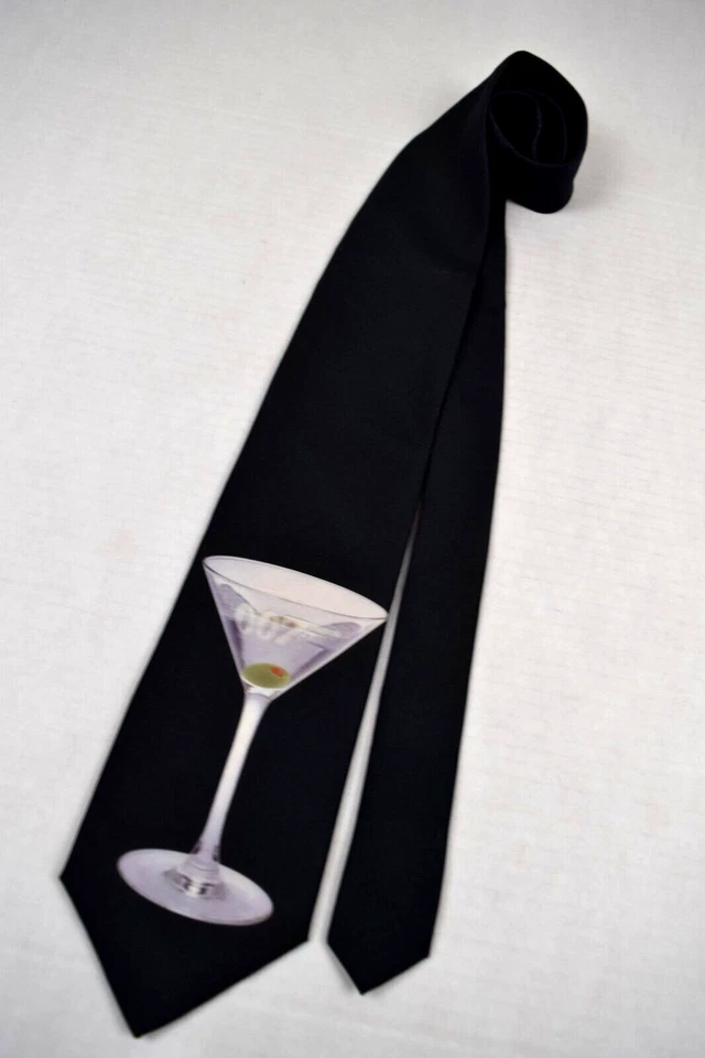 Corbata de Colección Ralph Marlin Años 90 Bond 007 Grabada Martini Vidrio Poli Corbata 57" x 3.75" Foto 1 de 4