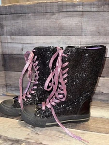 P.D. BOTAS DE AEROPOSTALE NIÑAS NIÑOS TALLA 2 NEGRAS LENTEJUELAS BRILLO CORDONES MORADOS - Imagen 1 de 16