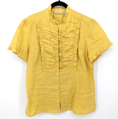 Camisa Tweeds Mujer Grande Amarillo Lino Volantes Abotonada Informal Verano Top Oficina Foto 1 de 4