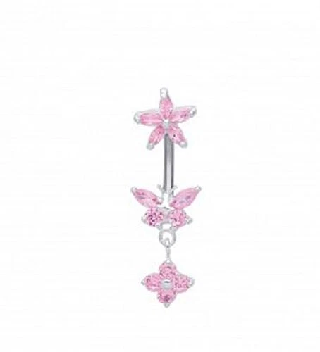 Argento Sterling e Zirconia Cubica Rosa Fiore Grappolo Goccia Ombelico Barretta - Immagine 1 di 1