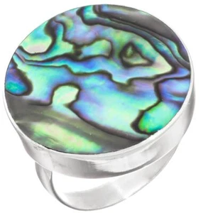 925 Sterling Silver Colorful Paua Abalone Shell Sterling Adj Sz 8 Ring, 1" - Picture 1 of 3