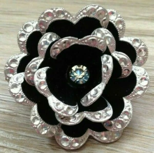 BLACK & SILVER TONE ROSE BROOCH ALUMINUM MADE IN WEST GERMANY - Picture 1 of 5
