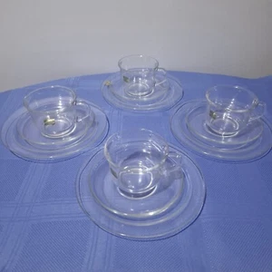 Vintage Arcoroc Clear Glass Coffee Cups + Saucers + Snack Plate Made in France - Picture 1 of 8