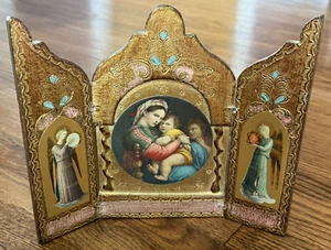 RAFAELLO Madonna di Chiara 3 Pannelli 7,5” Fatto a Mano Legno Foglia Oro Made in ITALY - Foto 1 di 6
