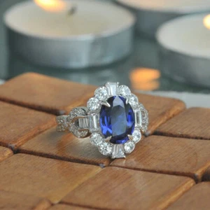 Vintage 3 Ct Oval Cut Blue Sapphire Diamond Halo Ring 14K White Gold Finish - Picture 1 of 6
