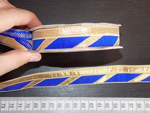 Nastro ricamato jacquard oro blu 1 m applicazione motivo passamaneria decorazione indiano - Foto 1 di 1