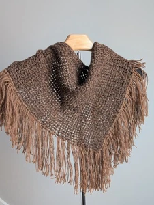 Vintage Women's Hand Knit Triangular Stole Scarf. Brown Wool Shawl with Fringe. - Picture 1 of 6