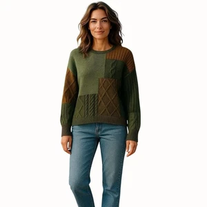 Rails Patchwork Cable Knit Wool Blend Sweater Green Brown Long Sleeve Small - Picture 1 of 9