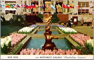NORTHWEST AIRLINES New York City Postcard "Manhattan Express" Rockefeller Plaza - Picture 1 of 2
